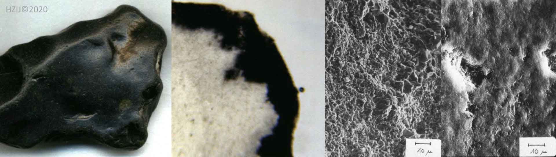 Patina van zwarte vuursteen uit zee, met slijpplaatje en elektronenmicroscoop foto's van oppervlak bruine vuursteen en vuursteen met glans patina